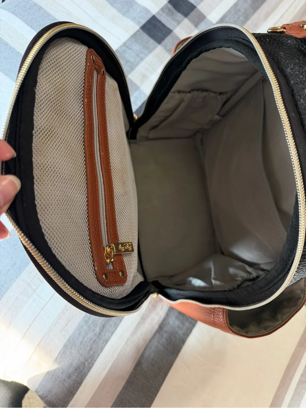 Itzy Ritzy Black, White & Tan Herringbone Accent Backpack
